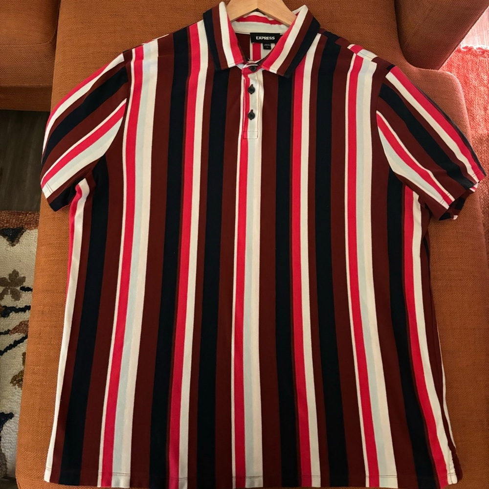 Express Men’s Bold Striped Polo size Extra Large Burgundy Red Blue White‎